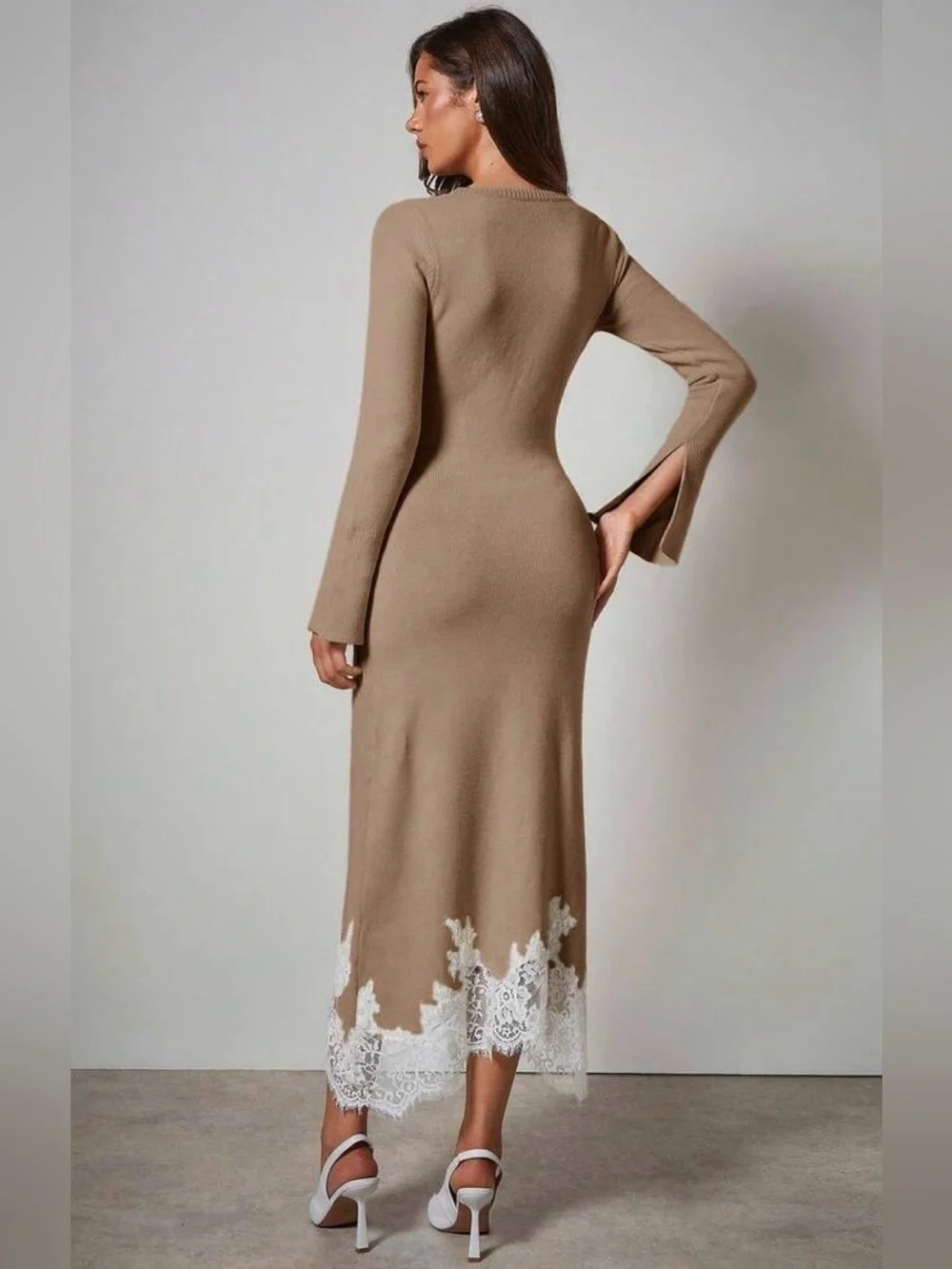 COSMINA Khaki Knit Sweater Dress with White Lace Trim Asymmetrical Hem S